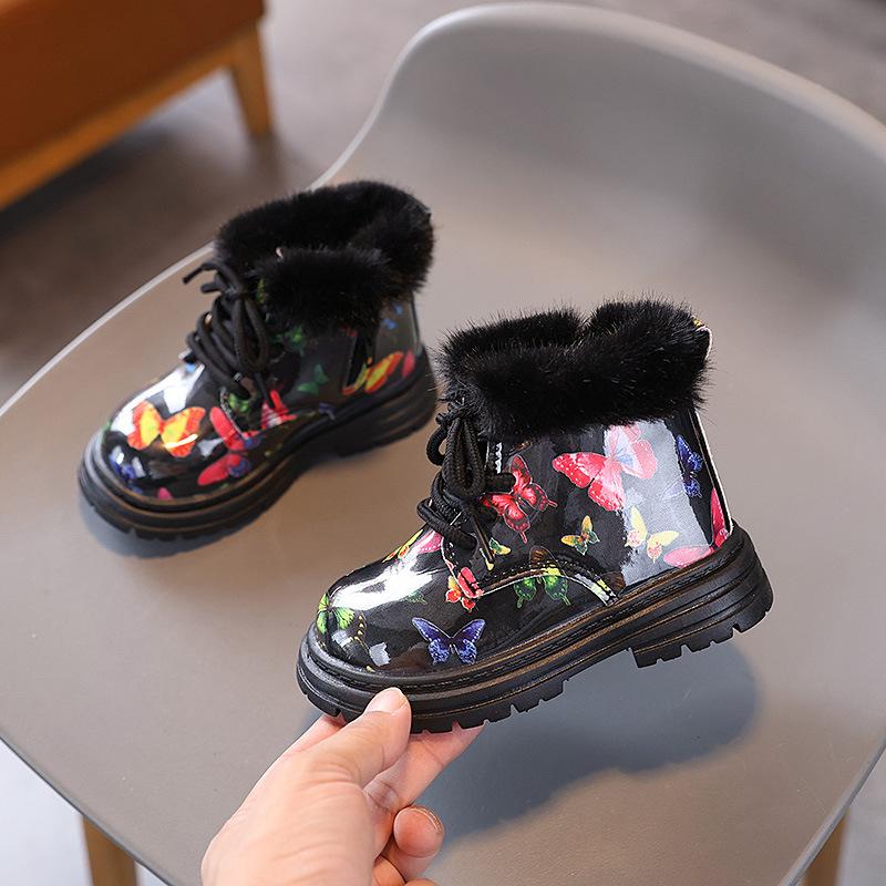 Girl Winter Boots Fashion Butterfly Printed Children Thick Bottom Cotton Boots Trend Versatile Leather Kids Causal Ankle Boots