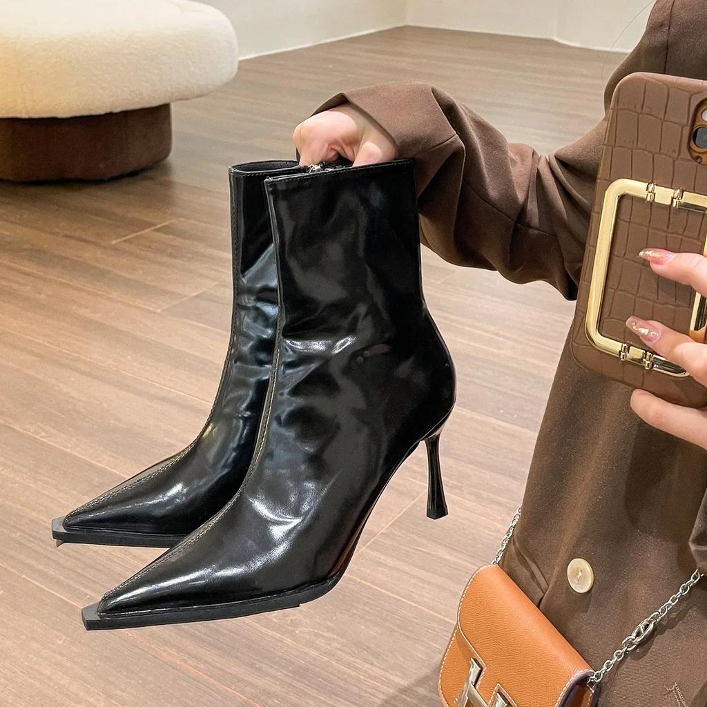 Fashion Women Thin High Heels Short Boots 2025 New Fashion Pointed Ankle Boots Ladies Autumn Winter Leather Side Zipper Sexy Party Pumps