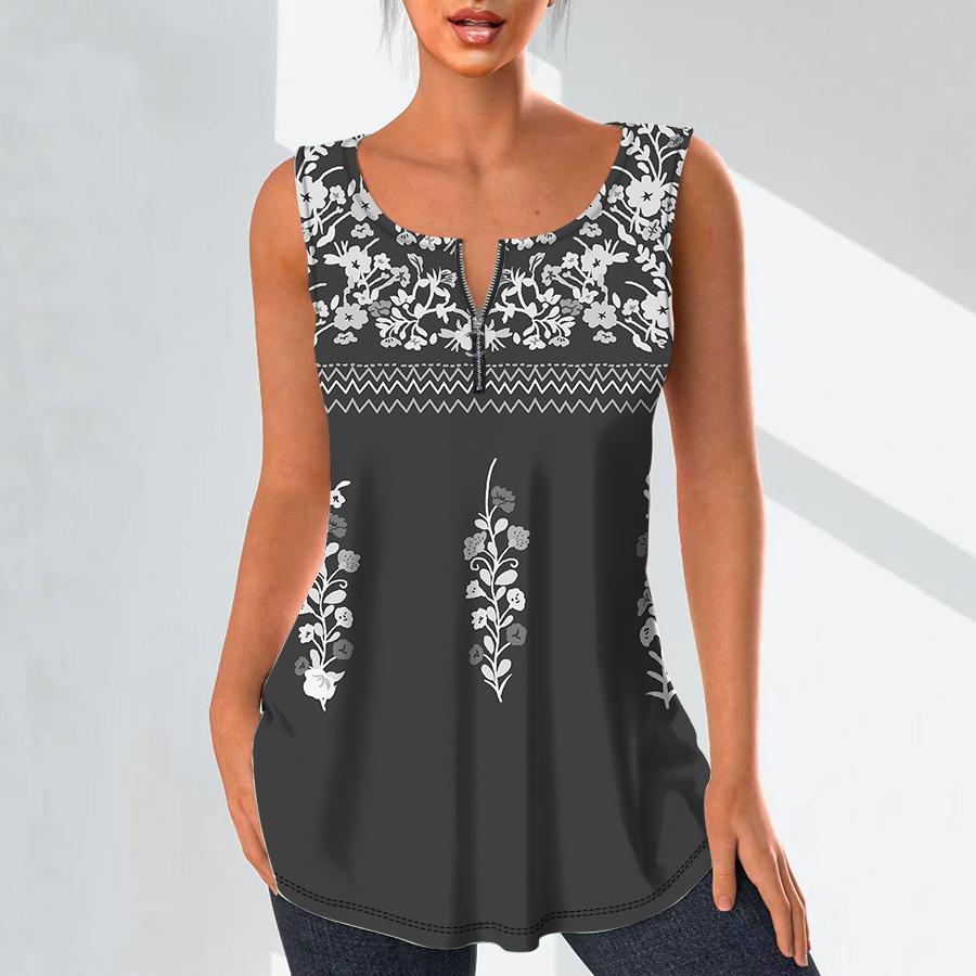 Women's Fashion V Neck Shirts Casual Tops T-shirt Ladies 3D Red Flowers Print Vest Plus Size Sleeveless Blouse Tank Tops