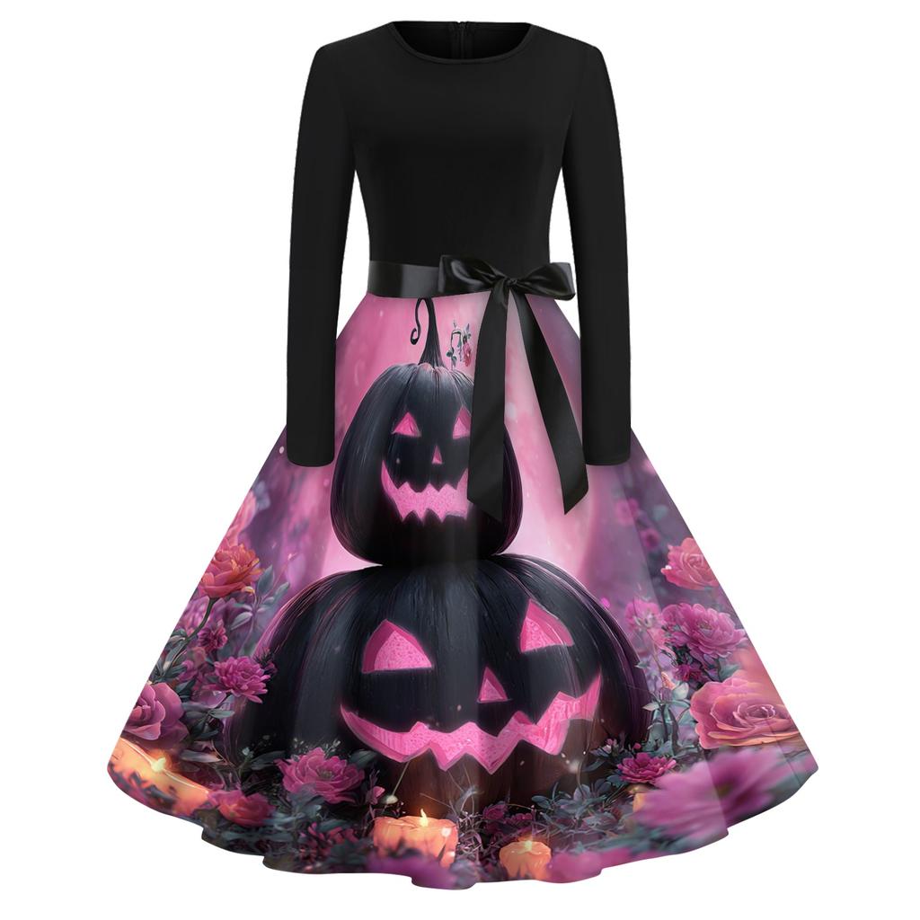 Women's Casual Vintage Halloween Dress Long Sleeve Round Neck Retro Print Fit and Flare Midi Dress with Waist Tie Belt