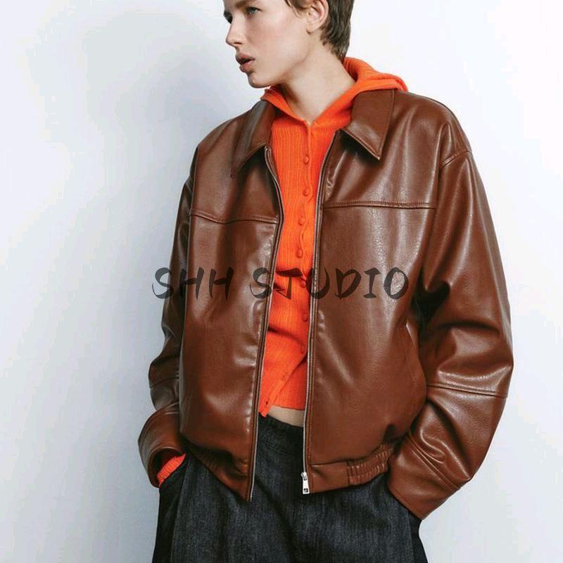 Spring New Women's Clothing French Retro Textured Poly Urethane Leather Fashion Pilot Jacket Outwear 4391859