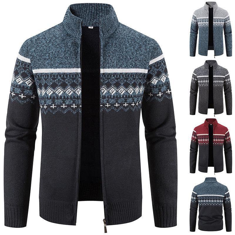 Pulover cardigan jacquard slim cu guler stand pentru bărbați, stil coreean transfrontalier