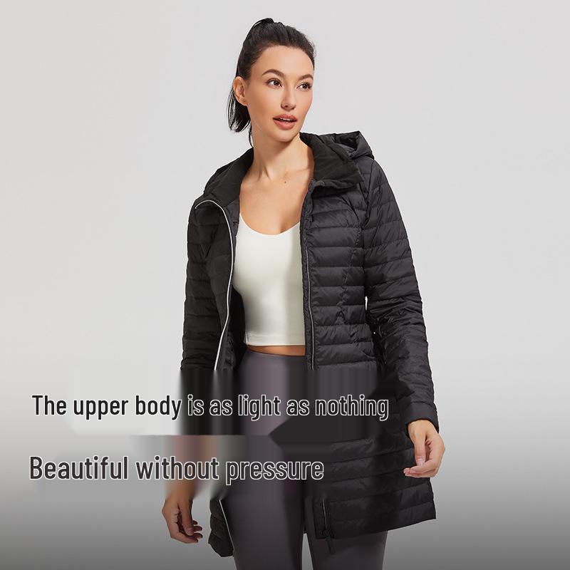 Lulu Women's Mid-Length Sporty Down Jacket: Windproof, Warm, Hooded, Zip Waist, Slimming Lightweight Coat for Autumn and Winter
