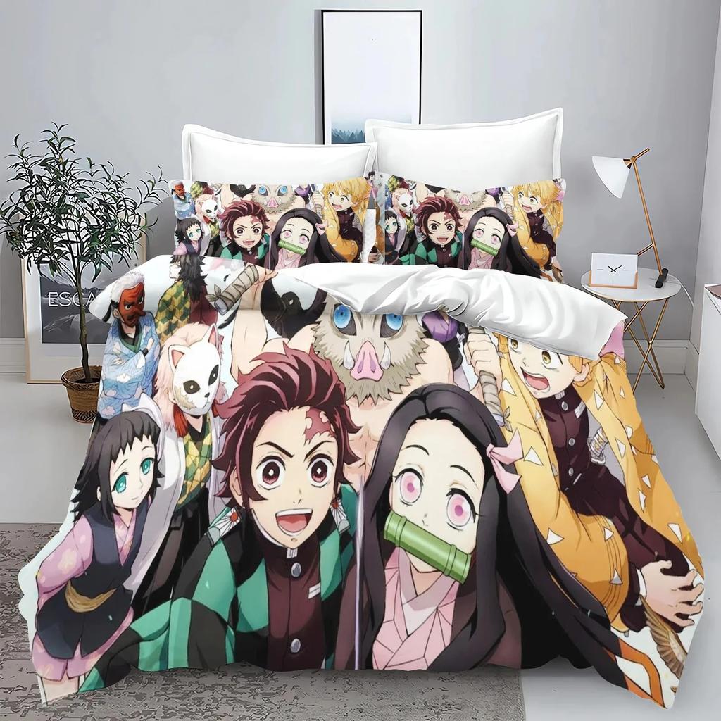 Demon Slayer Kimetsu no Yaiba kamado Nezuko Anime 100% Polyester Bettwäscheset Bettbezug-Set Gedruckte Cartoon Heimdekoration