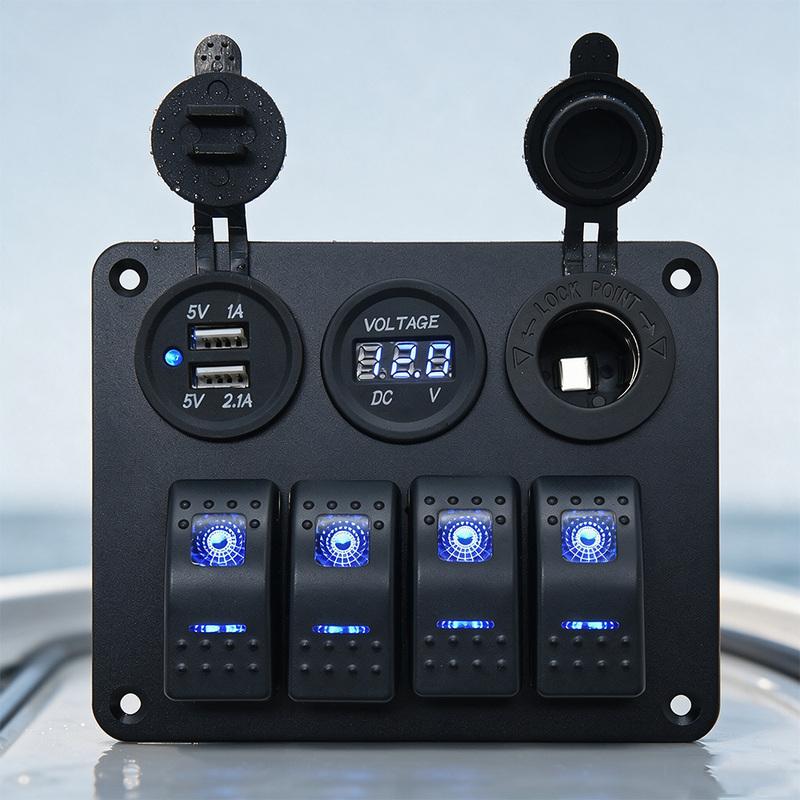 4 Gang Switch Panel Boat Switch Panel Waterproof With 3.1A Dual USB Port 12V Digital Voltmeter Cigarette Lighter Socket