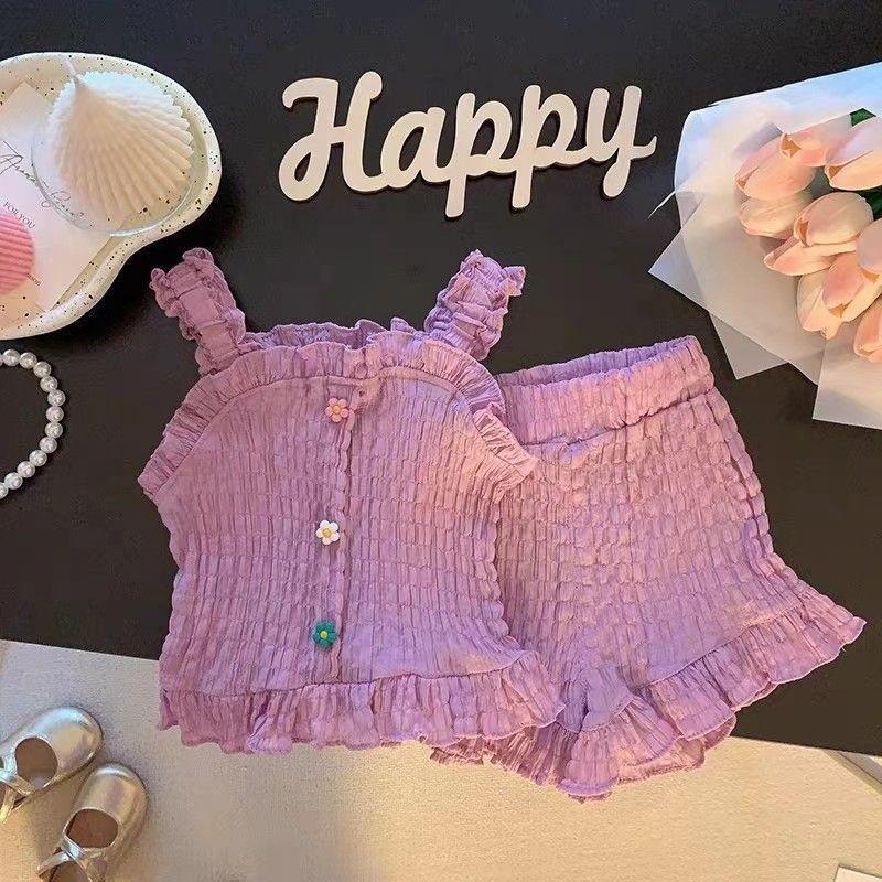Adorable Korean Style Summer Girls Apparel Set With Sweet Lace Trim And Soft Fabric 80cm/31.50in фиолетовый