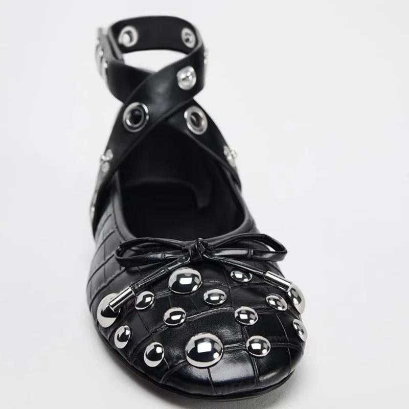 Fashion Rivet Bow Decoration Ballet Flats Women Punk Style Soft Leather Strap Mary Jane Shoes for Women Cozy Dance Casual Shoes