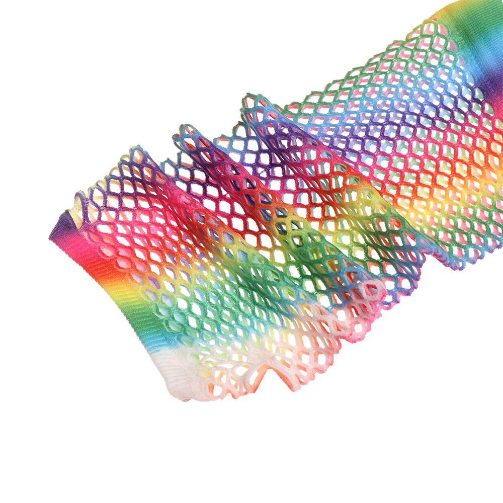 Fashion Colorful Wedding Party Hollow Out Holes Gloves Rainbow Disco Dance Fingerless Mesh Net