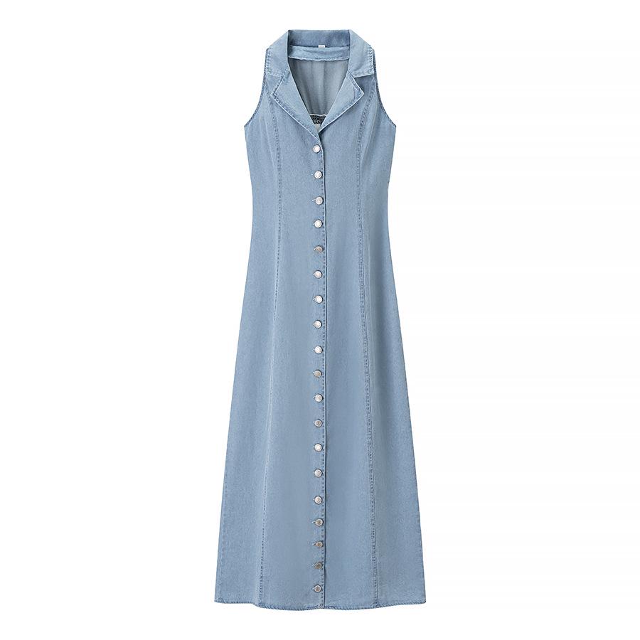 Women's Blue Sexy Button Denim Long Dress