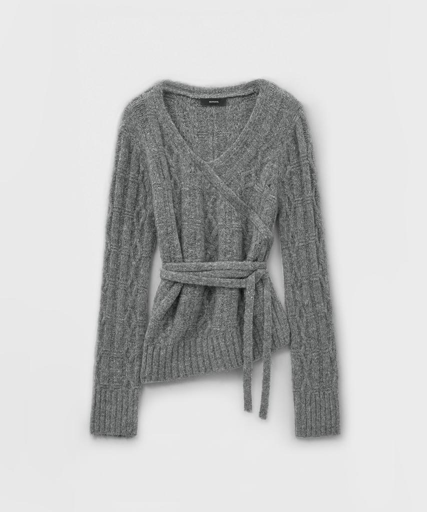 MONGDOL Asymmetrical Cable Wrap Knit Top Grey Mdkt114Gray