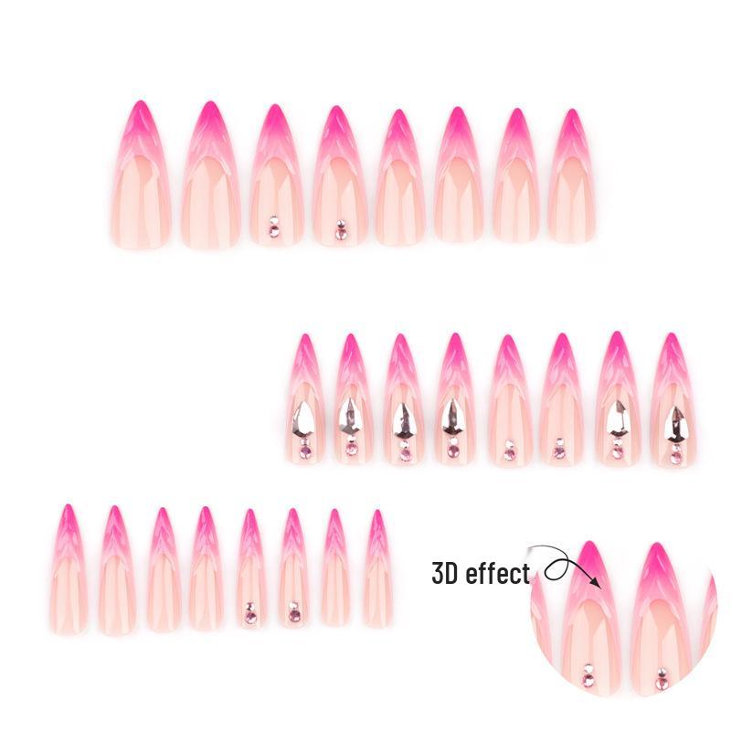 Gradient Rose Red Rhinestone 3D Long Pointed Nails (24 Pieces)