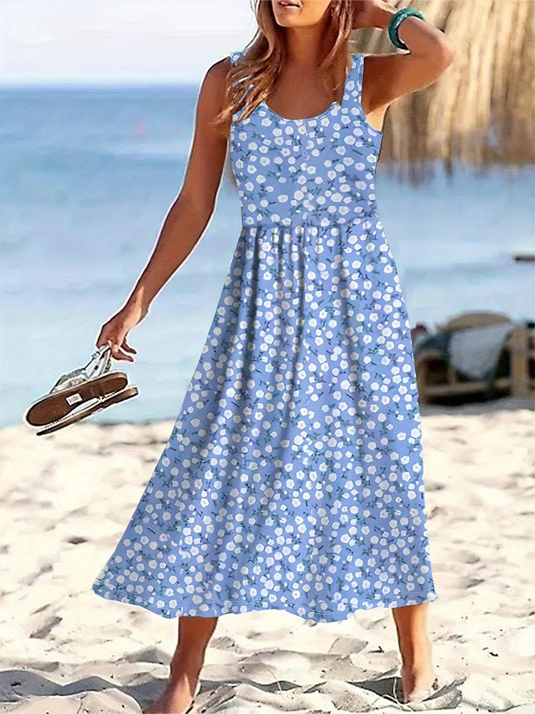 

Summer New Women s Floral Crew Neck Casual Seaside Resort Style Sleeveless Dress M синій