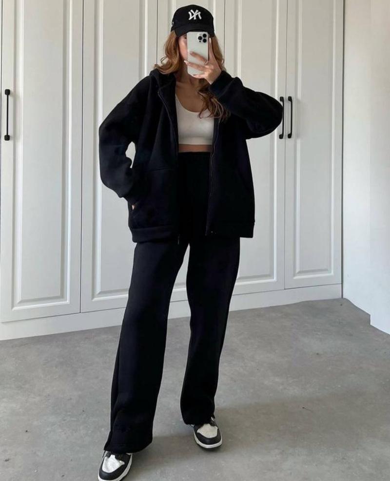 Europe, America, cross-border, women's clothing 2025 new fashion casual suit solid color long-sleeved sweater zipper trousers two-piece set