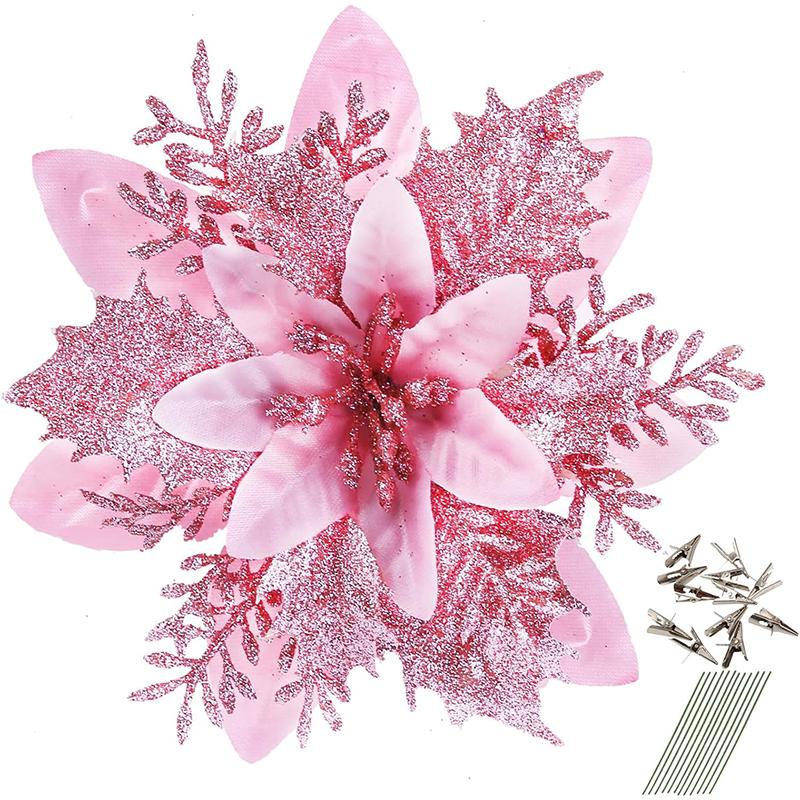 5/10 Stück Glitzer 14 cm künstliche Blumen mit Clips Stielen Weihnachtsdekoration Weihnachtsbaumschmuck Frohes Neues Jahr Navidad 2025 Deko