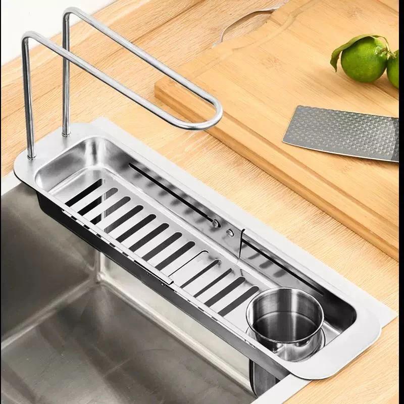 Telescopic Sink Storage Rack Stainless Steel Kitchen Dish Sponge Holder Towel Hanger Drain Basket Filter Bathroom Organizer