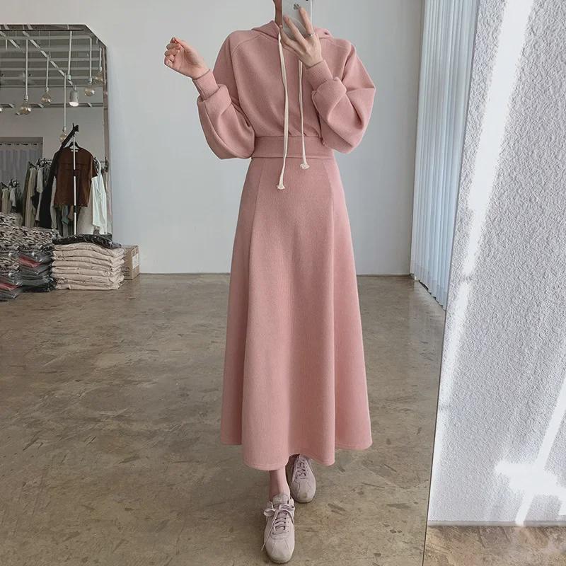 2024 Pink Loose Long-Sleeve Hoodie & High Waist Skirt Set