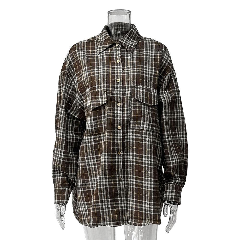 Autumn American retro plaid shirt women s Europe, America, plaid medium and long cardigan S