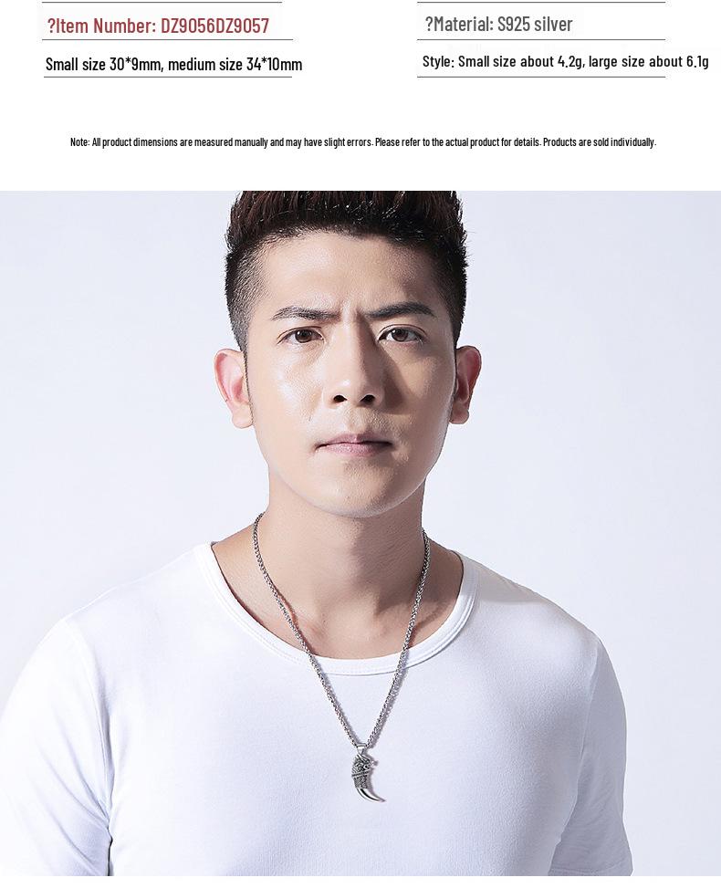 S925 Sterling Silver Personalized Wolf Tooth Pendant Necklace - Unisex Retro Design