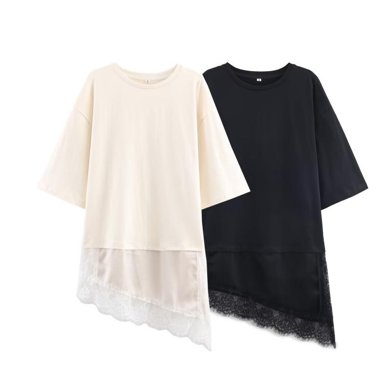Womens Lace Patchwork T-Shirt Street Style U-Neck Mid Sleeve Long Top XS-L