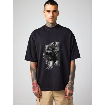 Oversize T-shirt Czarny Wilk Czaszka Graficzny Nadruk Męski Codzienny Streetwear Moda Top