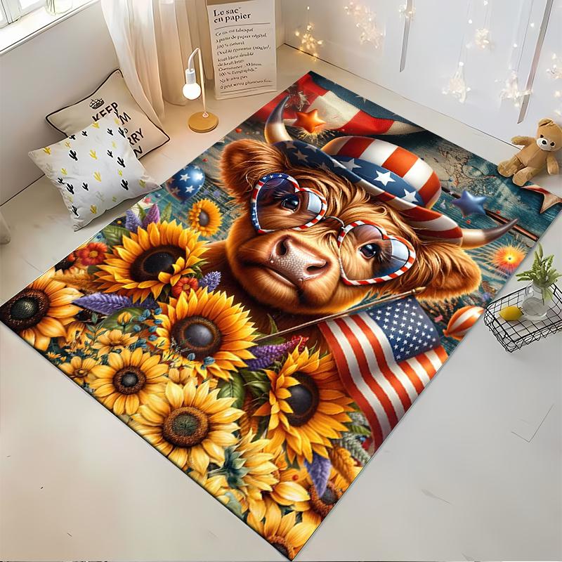 "Patriotic Cow with Sunflowers Rug Design - Non-slip rug suitable for living room and bedroom sofas"