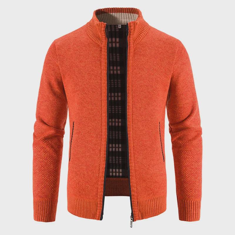 Velvet Thickened Full-Zip Cardigan Sweater with Stand Collar - Large Size, Perfect for Autumn and Winter Warmth