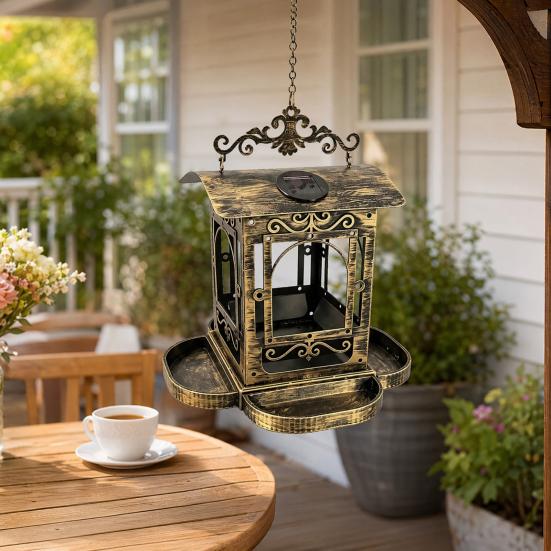 Solar Bird Feeder for Outdoors Hanging, Retro Carriage Shaped Metal Wild Bird Feeders, Solar Powered Garden Lantern for Patio, Yard, Gifts for Bird