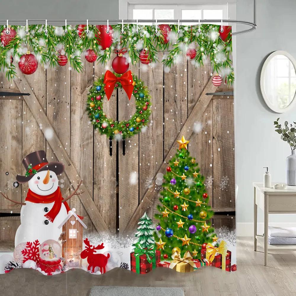 Zima Vánoce Sprchový závěs Legrační sněhulák Xmas Trees Krbové auto Lesní Snowy Scéna Nový rok Holiday Home Dekorace koupelny