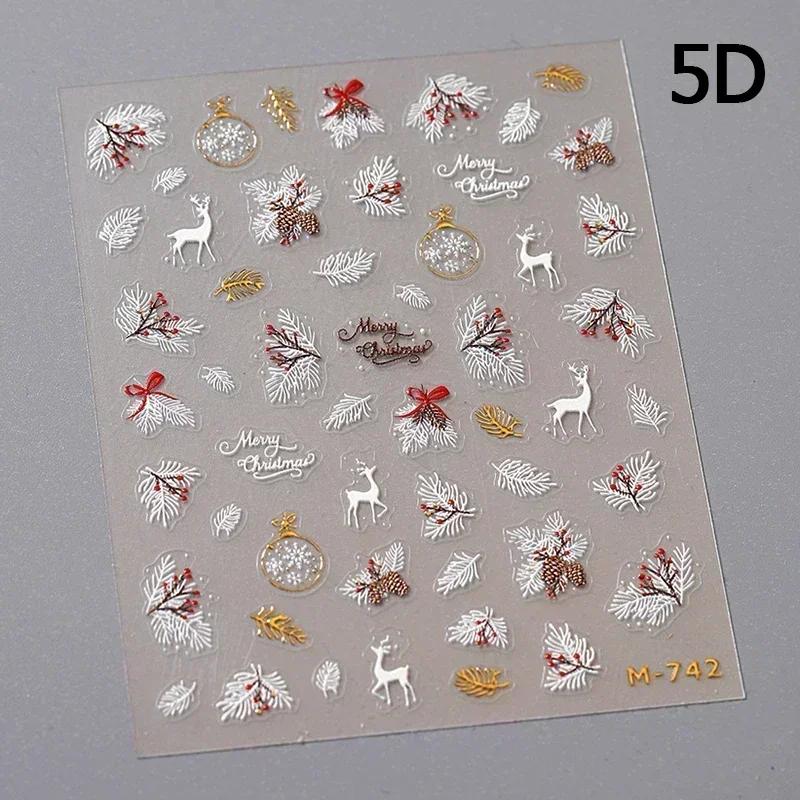 Gold Stamped White Christmas Tree Snowflake 3D Self Adhesive Nail Art Stickers Santa Claus Elk Xmas Cartoon Cute Manicure Decals