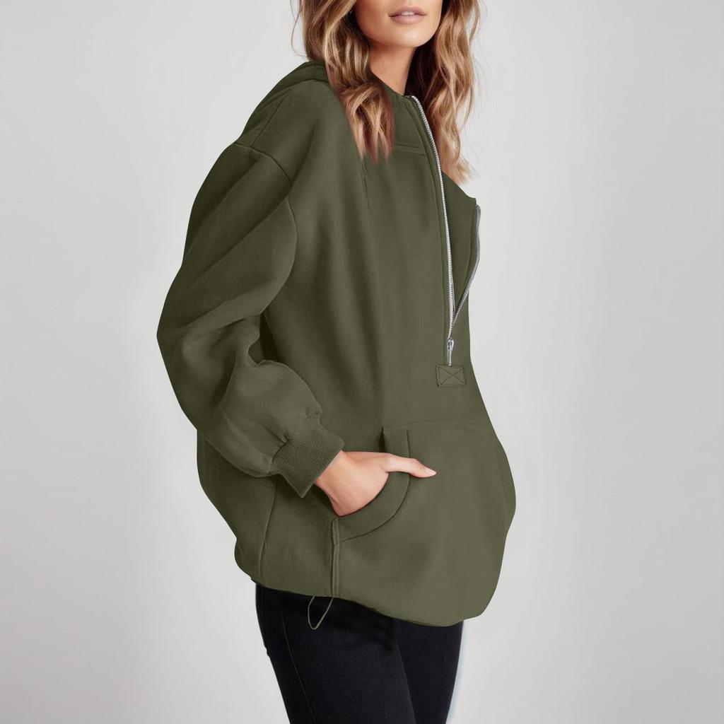 Women's Loose Comfortable Casual Fashionable Solid Color Hooded Zipper Drawstring Sweatshirt