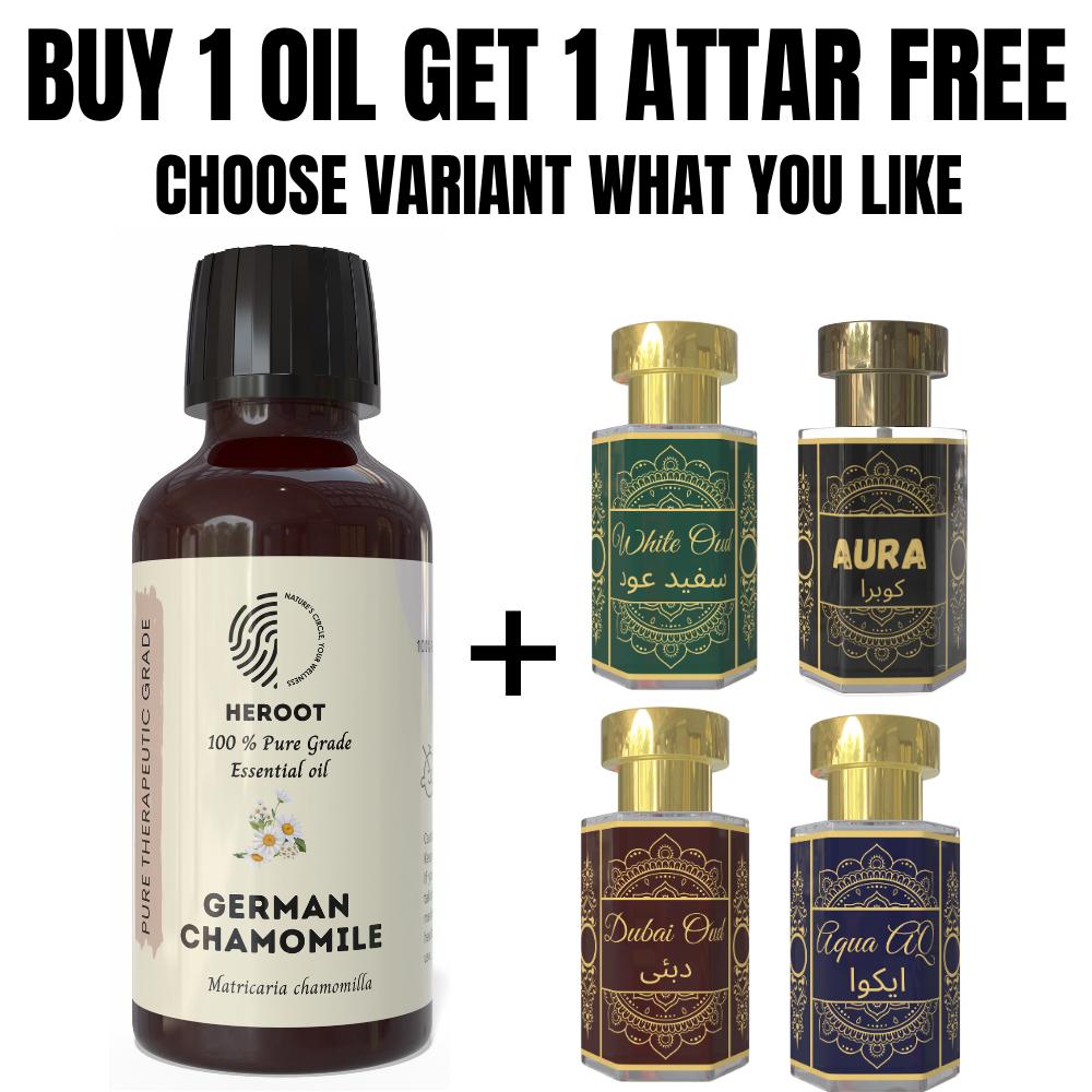 German Chamomile Essential Oil 10ml for Aromatherapy & Home Fragrance Get 1 Free 6 Ml Attar – Aqua AQ, Dubai Oud, Aura, White Oud
