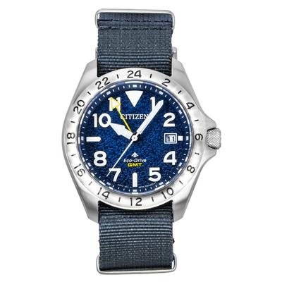 Promaster Land GMT Analoog Grijs Nylon Band Donkerblauw Wijzerplaat Eco-Drive Duikers BJ7150-09L 200M Herenhorloge
