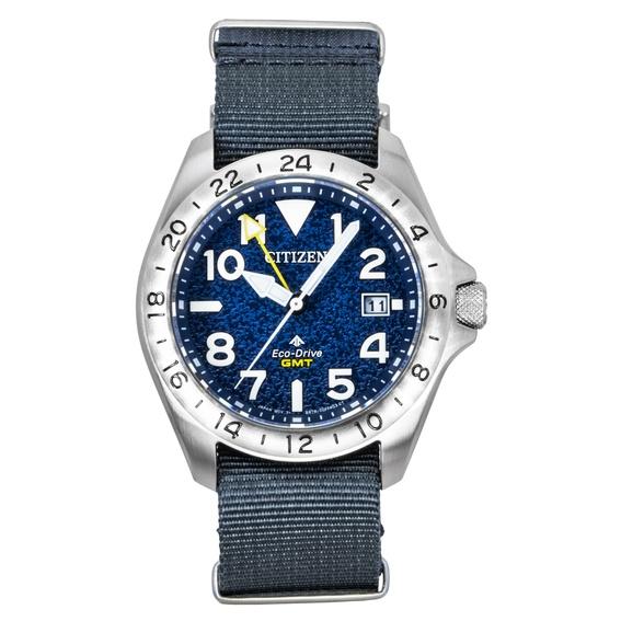 Citizen Promaster Land GMT Analog Grey Nylon Strap Navy Blue Dial Eco-Drive Diver's BJ7150-09L 200M Men's Watch