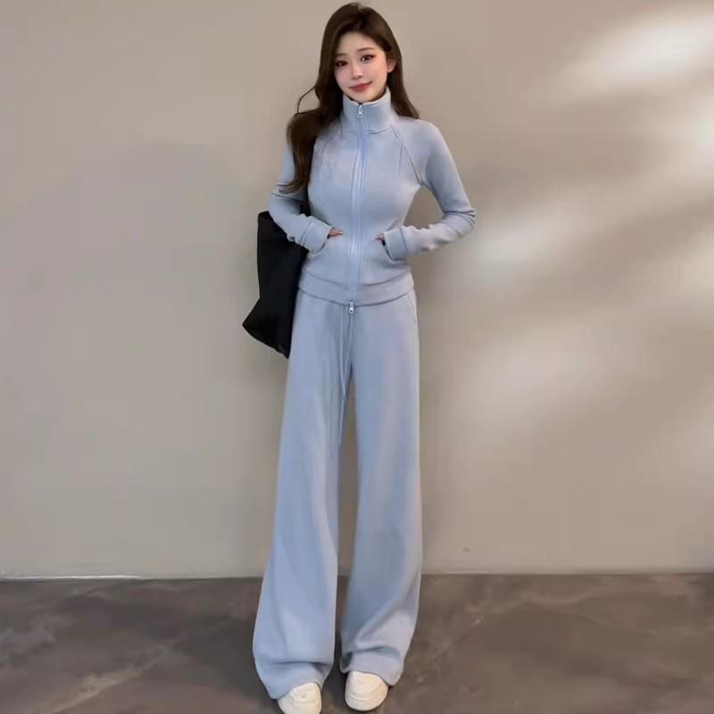 

Elegant Spring Two-Piece Set: Figure-Flattering Hoodie Jacket & Wide-Leg Pants for Women XXL