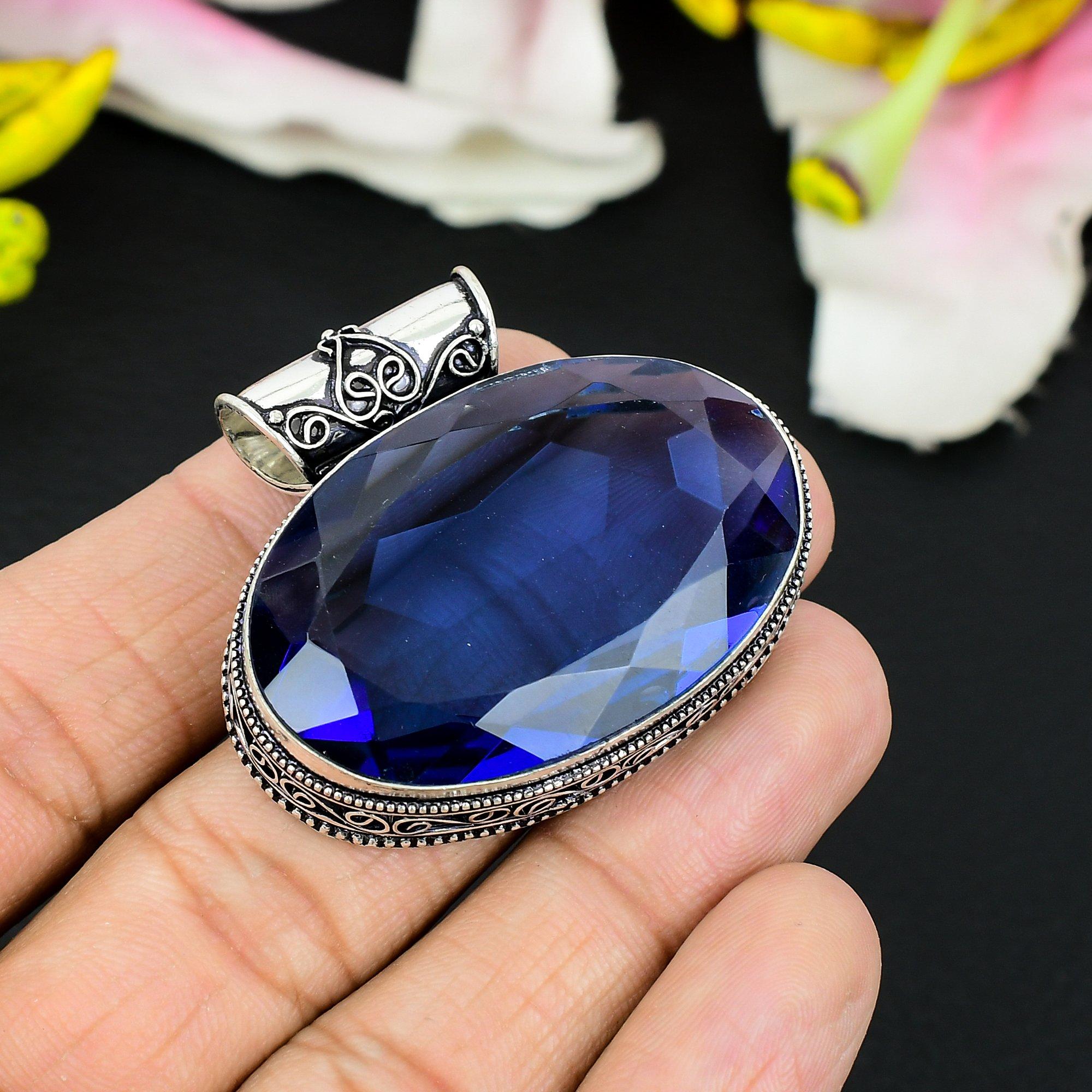 

London Blue Topaz Gemstone Handmade 925 Steling Silver Pendant 1.46 KG-320