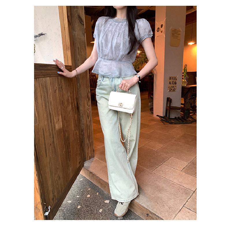 New Lace Spliced Puff Sleeve Chiffon Blouse for Women, Summer Tencel Ramie Short Top