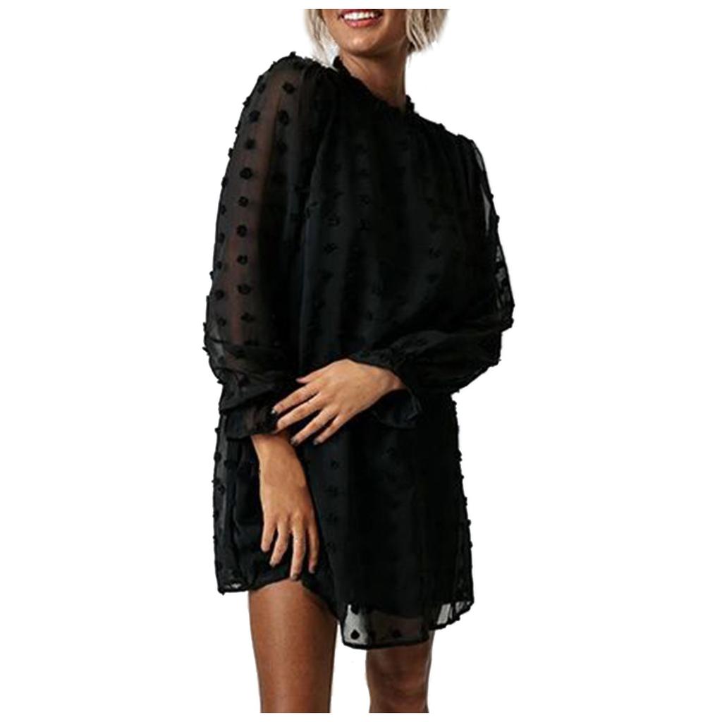 Women's Fashion  And Winter New Bubble Long Sleeve Lace Collar Dress