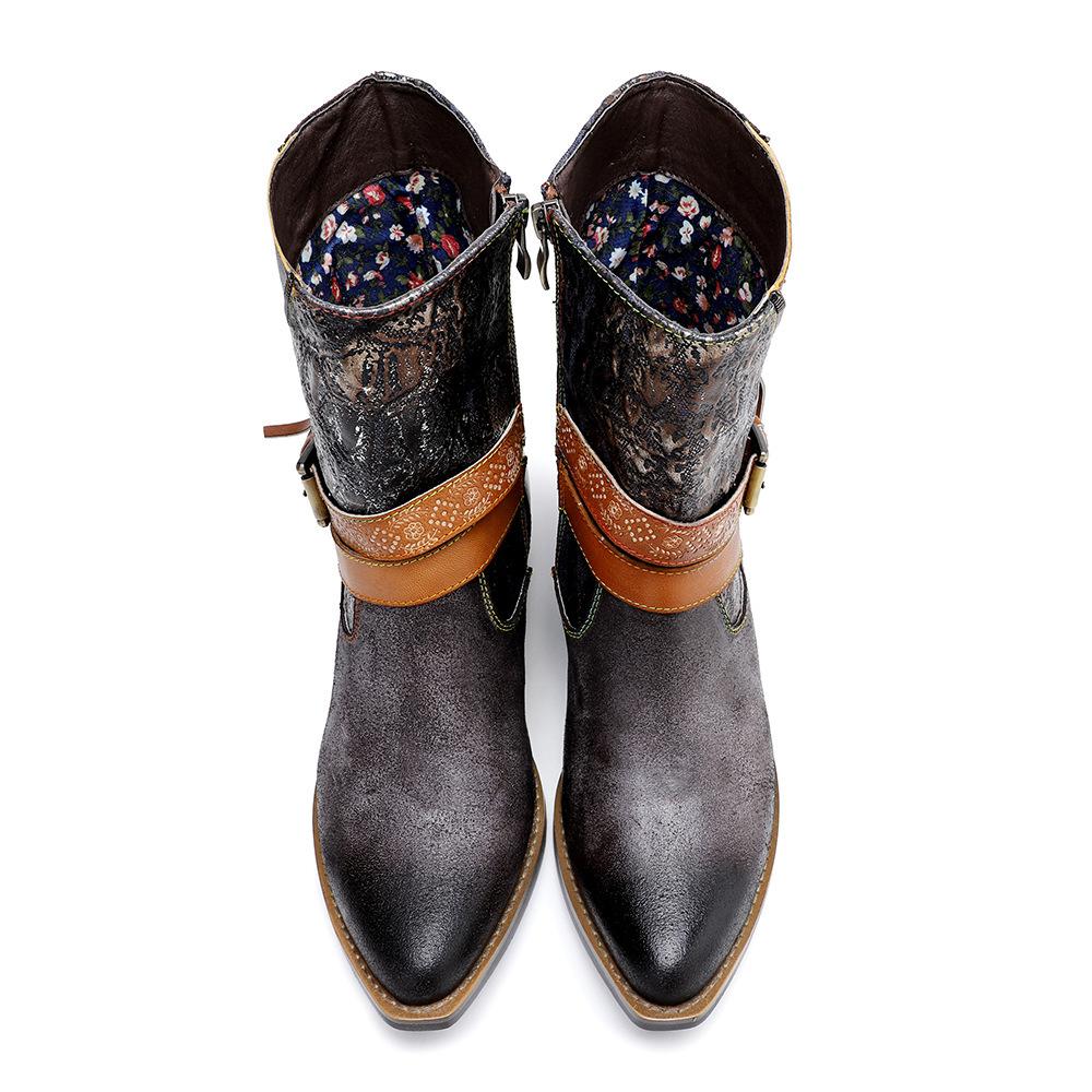 Pravá kůže Patchwork vysoké podpatky Retro reliéfní ručně malované lodičky Všestranná dámská obuv