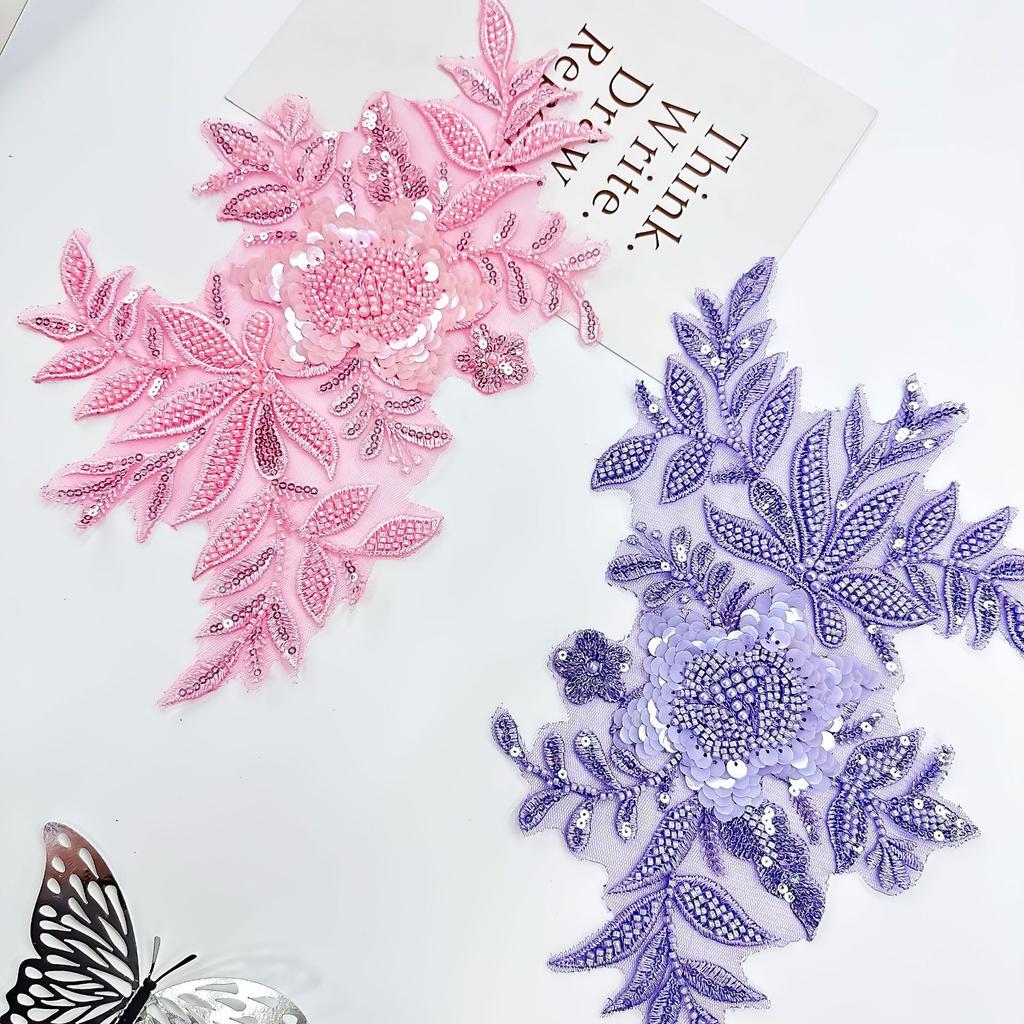 Lace Solid Color Embroidery Beads Flower Cloth Stickers Hand-Sewn Clothes Patch Stickers Applique Holes Subsidy Pattern Embroidery Stickers