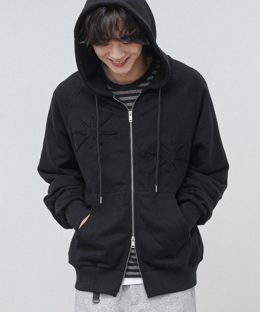 Moderment Applique Washed Oversized Zip-Up Hoodie [Black]