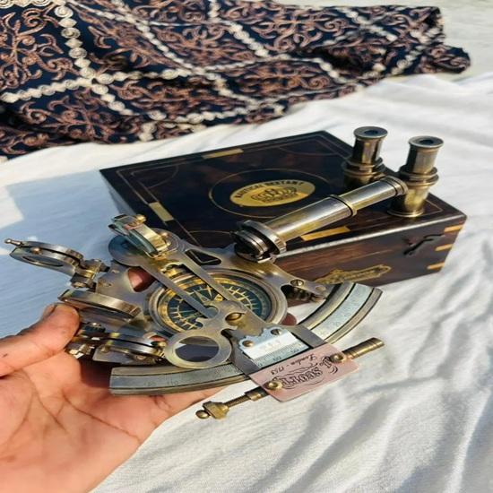 12.7 cm Brass Compass Sextant with Wooden Case Perfect Navigational Tool for Mariners Collectors J Scott London-Brass Sextant Gift