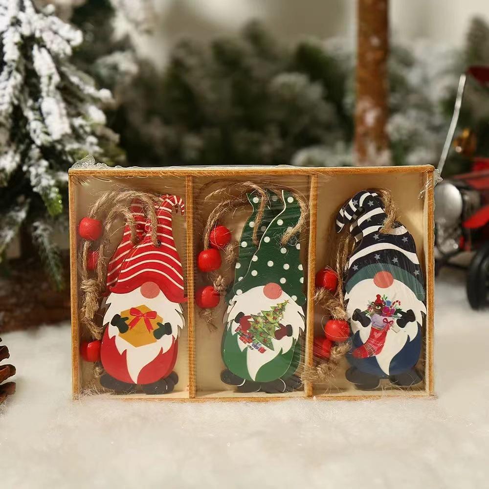 Cute Christmas Home Decor Props Hand-painted Wooden Hanging Ornament Gift Set American Style 9 Pieces In A Box