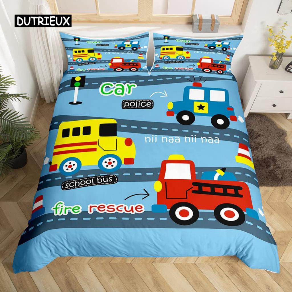 Fire Truck Duvet Cover Set Twin Size Red Firemen Car Vehicle Bedding Set Fire Engine Pattern for Boys Tire Printing Quilt Cover