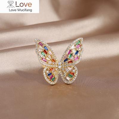 Chapado en Oro Real de 14K Diseño Coreano Nuevo Moda Exagerado Mariposa Zircón de Color Anillo Lujo Accesorios para Fiesta de Graduación de Mujeres