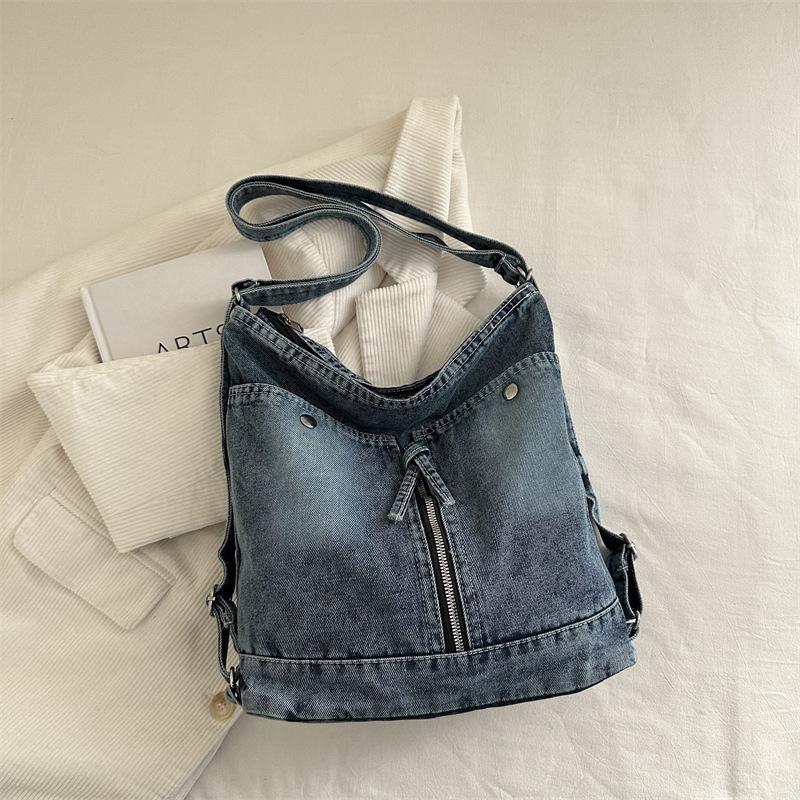 Vintage Denim Hobo Bag, Large Capacity, Zipper Decor, Adjustable Strap, 3-in-1 Shoulder Crossbody Backpack For Women