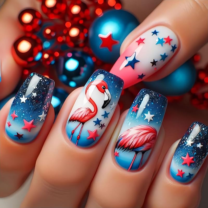 4th July Independence Day Press on Nails Long Length Stars Pattern Design Patriotic Acrylic Artificial Fingernails Red Blue Smudge Gradient Independence Day 1