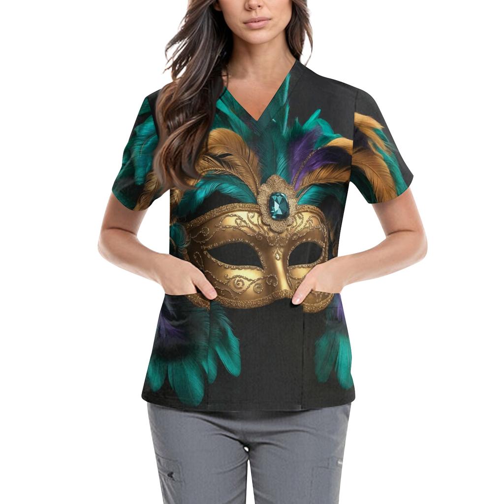 Women's  Carnival Themed Outfit Party Mask Pattern Caregiver Top