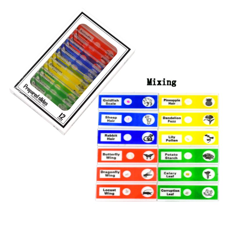 

12 шт./набір Пластикові предметні скельця для мікроскопа Біологічні зразки для Дитячого Студентського Мікроскопа 12 mixed color