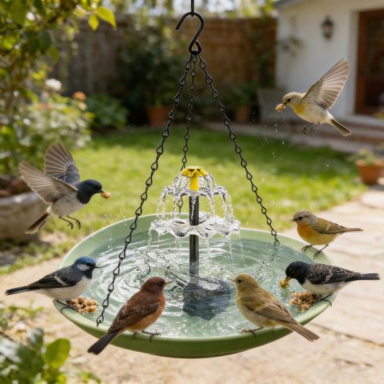 Solar Hanging Bird Bath Basin with Dual Water Flow Solar Fountain Space-Saving Outdoor Hanging Bird Waterer for Gardens Weather-Resistant Bird Bath