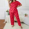 European & American Style Women's Plus Size Heart Print Pajama Set - Short Sleeve, Crew Neck, Long Pants